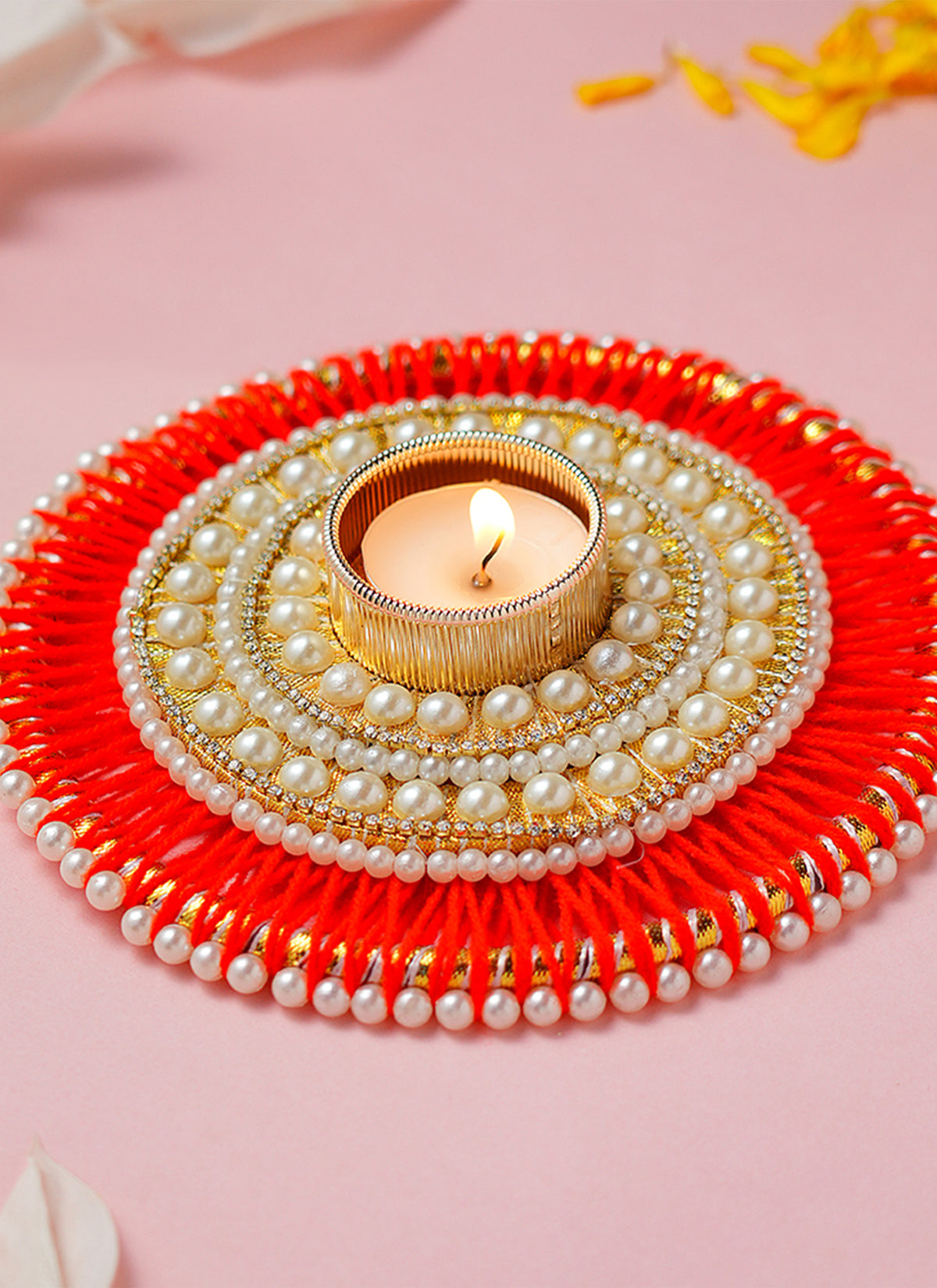 Madhoor Pearl Tealight Holder Ivory Red 4 Inches 1 Piece