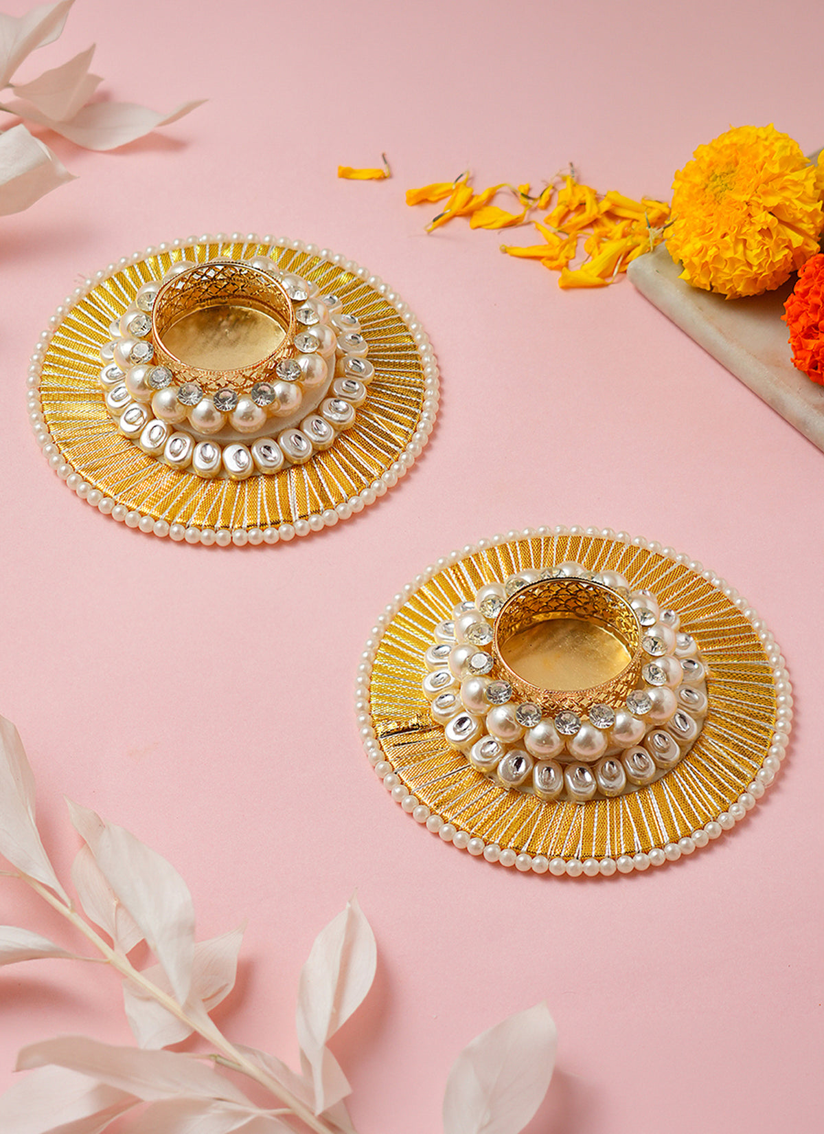 Madhoor Pearl Tealight Holder Gold-Tone Yellow 4 Inches 1 Pair