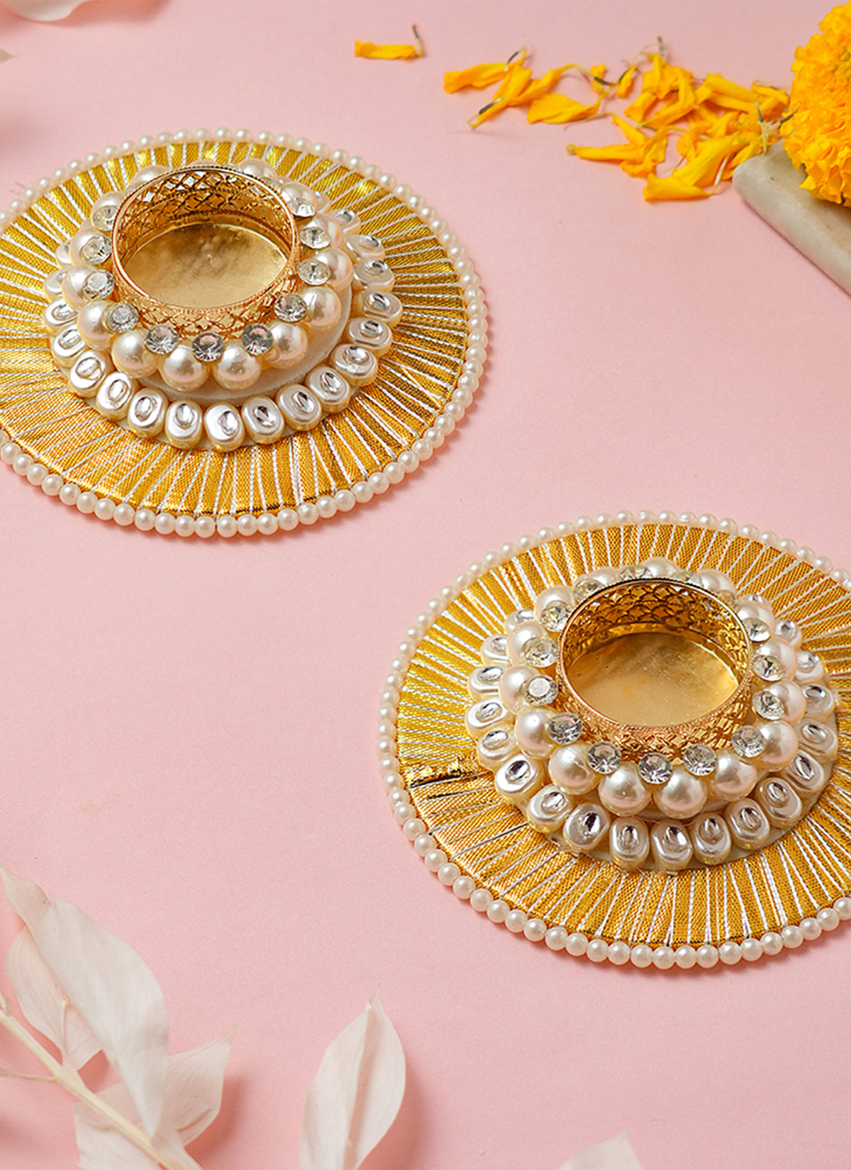 Madhoor Pearl Tealight Holder Gold-Tone Yellow 4 Inches 1 Pair