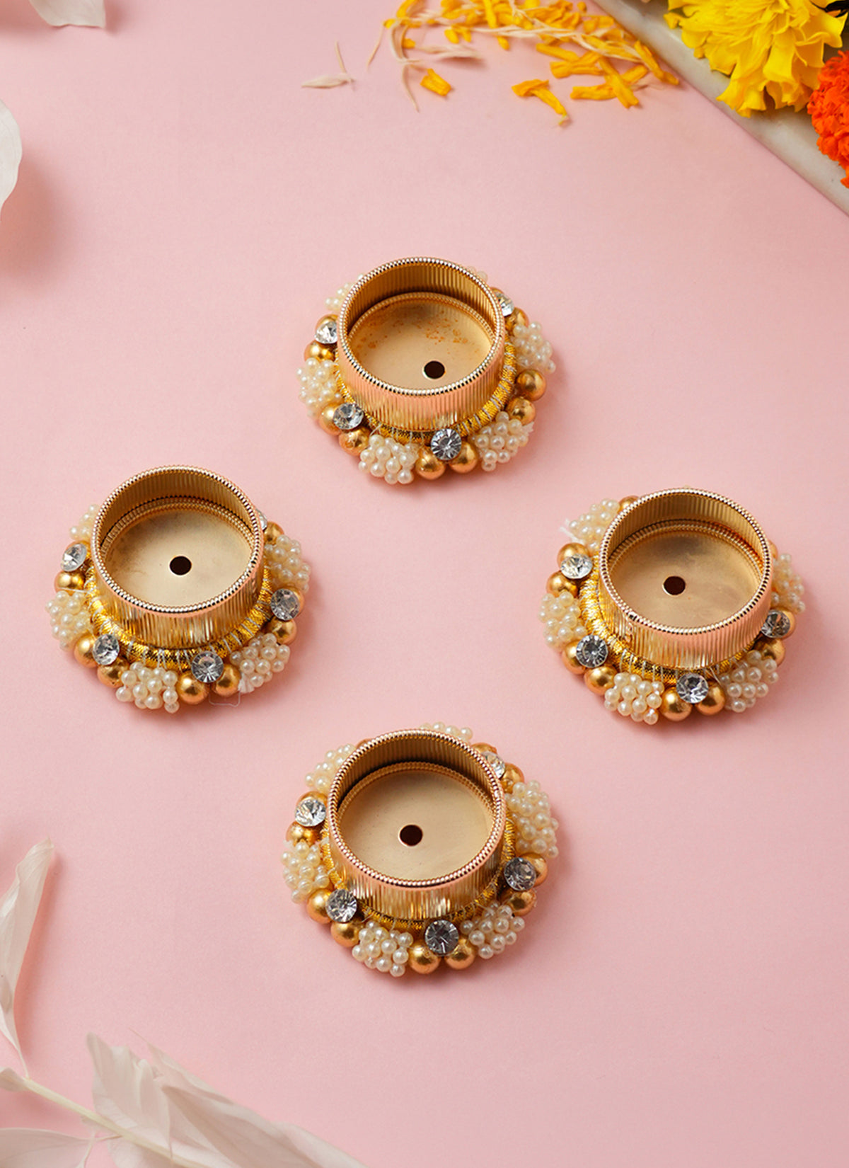Madhoor Pearl Crystal Tealight Holder Gold-Tone White 2 Inches 1 Piece