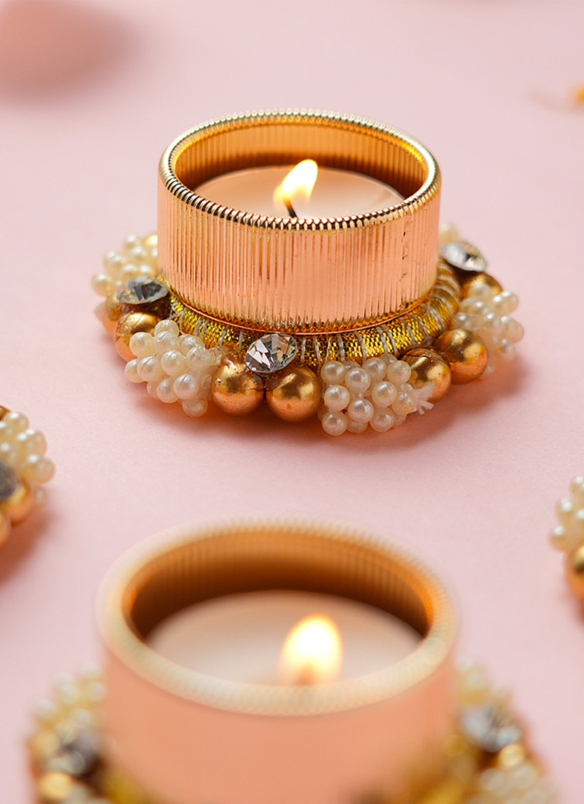 Madhoor Pearl Crystal Tealight Holder Gold-Tone White 2 Inches 1 Piece