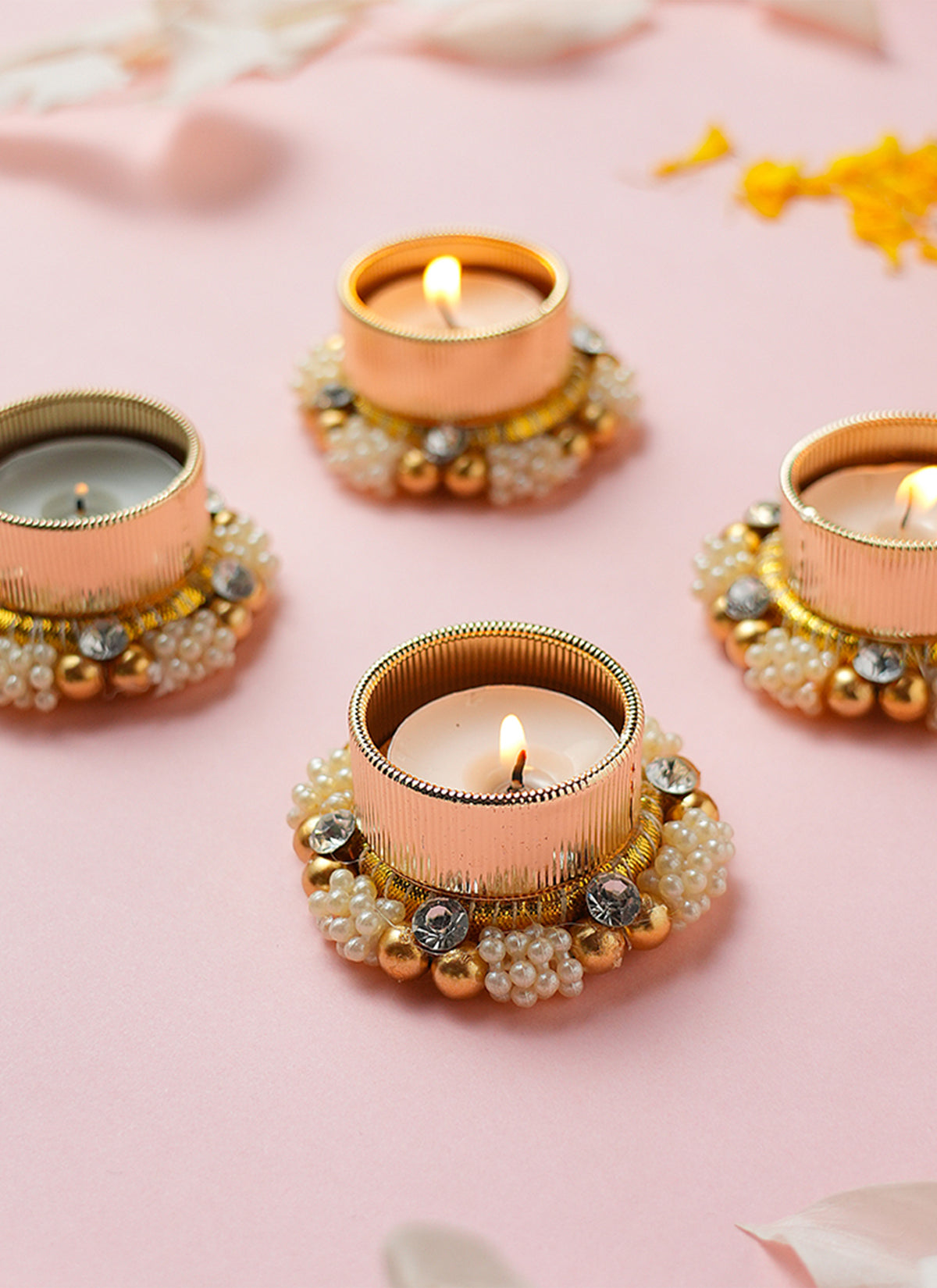 Madhoor Pearl Crystal Tealight Holder Gold-Tone White 2 Inches 1 Piece