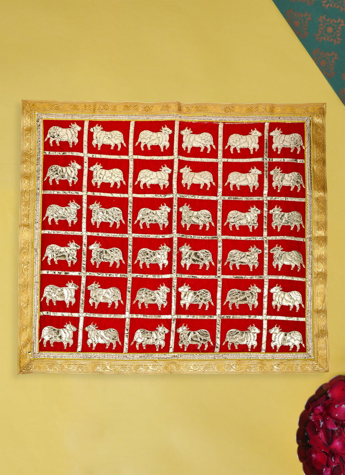 Madhoor Kamdhenu Pooja Aasan Gold-Tone Red 30 x 30 Inches 1 Piece