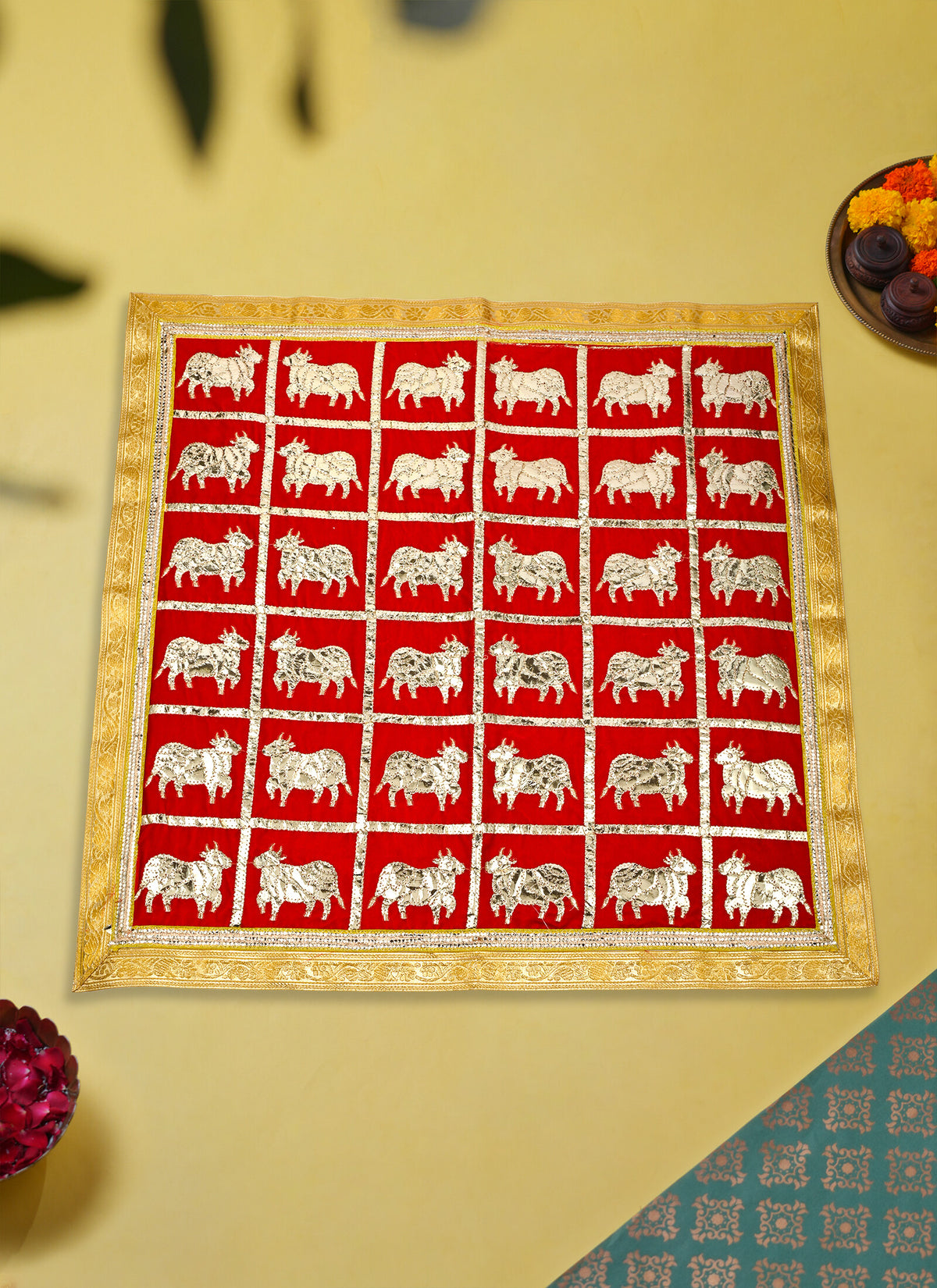 Madhoor Kamdhenu Pooja Aasan Gold-Tone Red 30 x 30 Inches 1 Piece