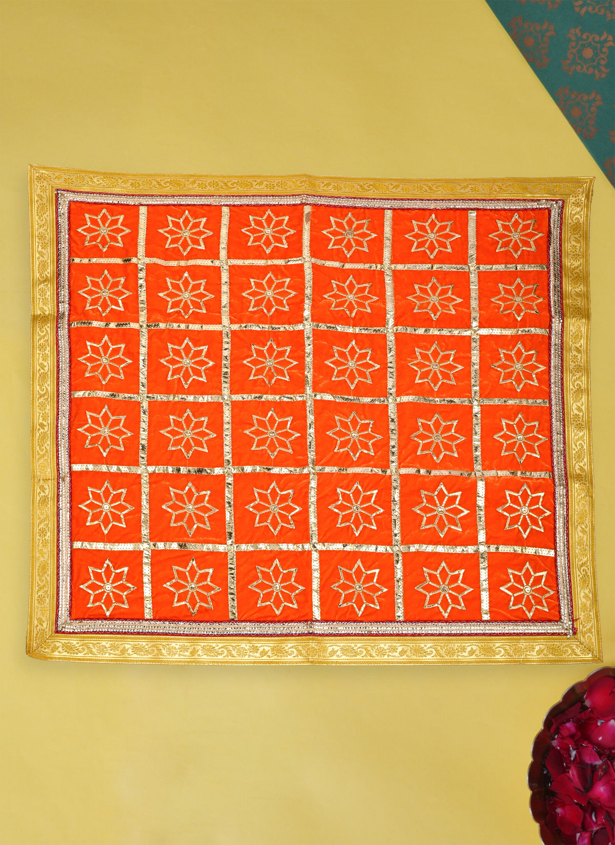 Madhoor Flower Gota Pooja Aasan Gold-Tone Orange 30 x 30 Inches 1 Piece