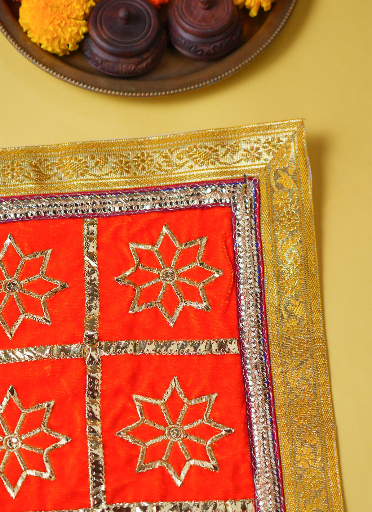 Madhoor Flower Gota Pooja Aasan Gold-Tone Orange 30 x 30 Inches 1 Piece