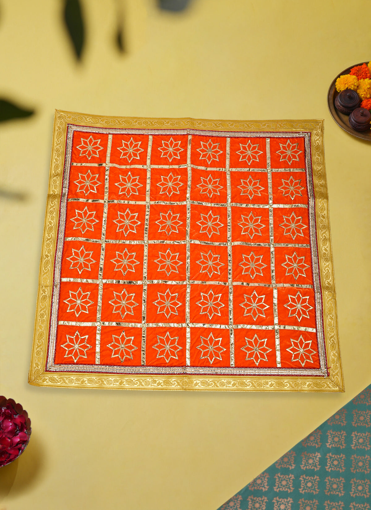 Madhoor Flower Gota Pooja Aasan Gold-Tone Orange 30 x 30 Inches 1 Piece