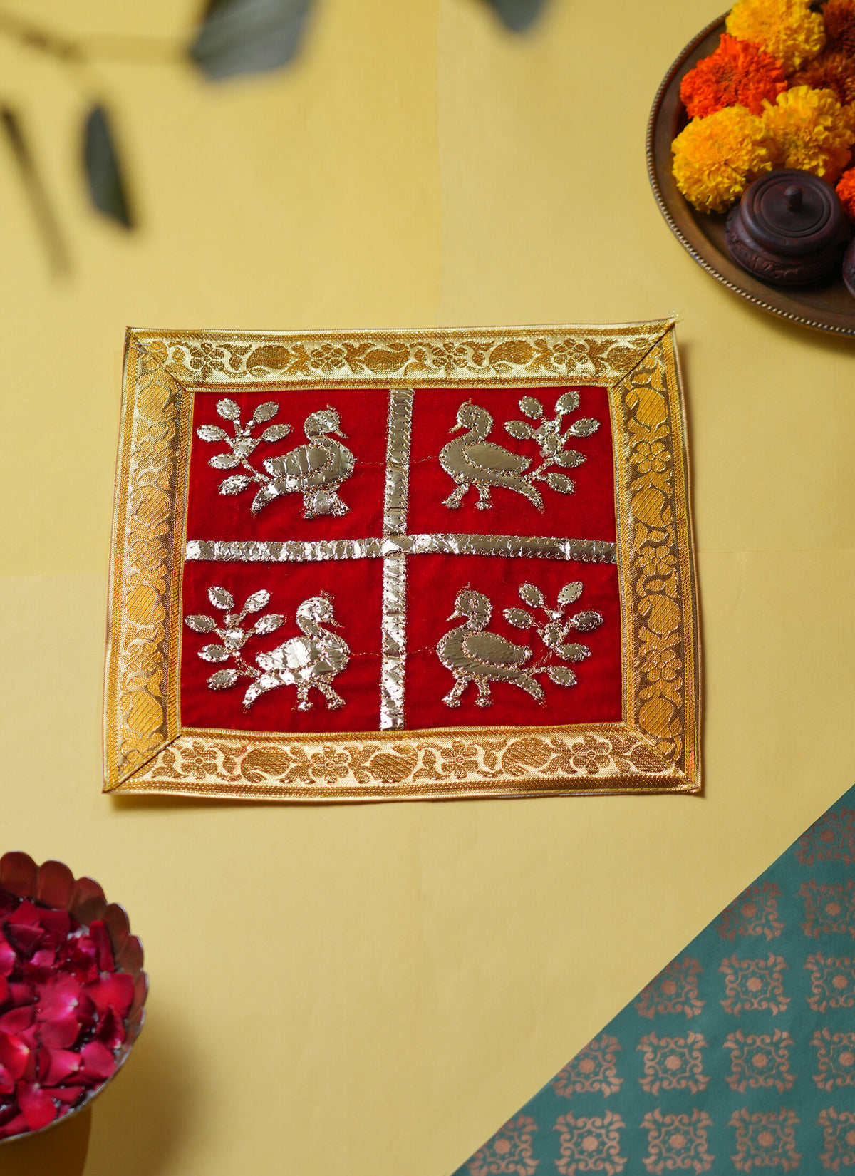Madhoor Peacock Gota Pooja Aasan Gold-Tone Red 12 x 12 Inches 1 Piece