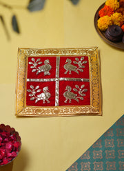 Madhoor Peacock Gota Pooja Aasan Gold-Tone Red 12 x 12 Inches 1 Piece