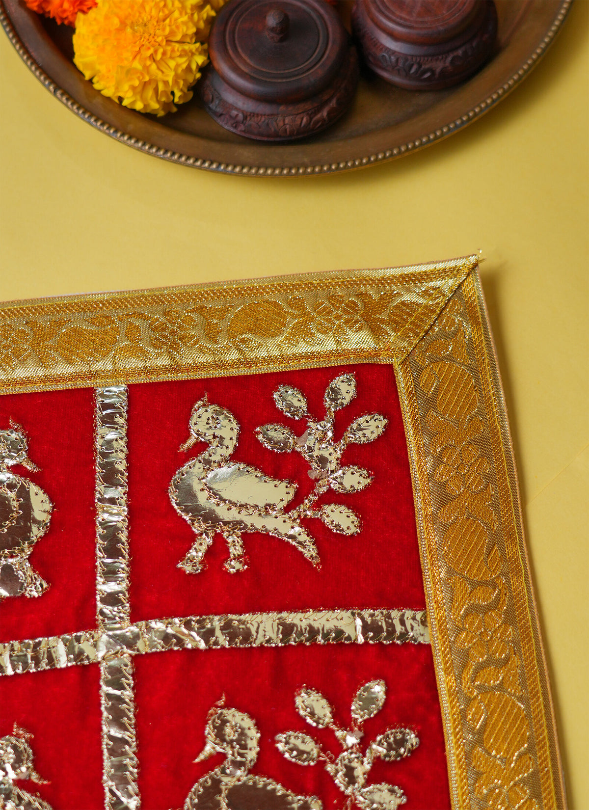 Madhoor Peacock Gota Pooja Aasan Gold-Tone Red 12 x 12 Inches 1 Piece