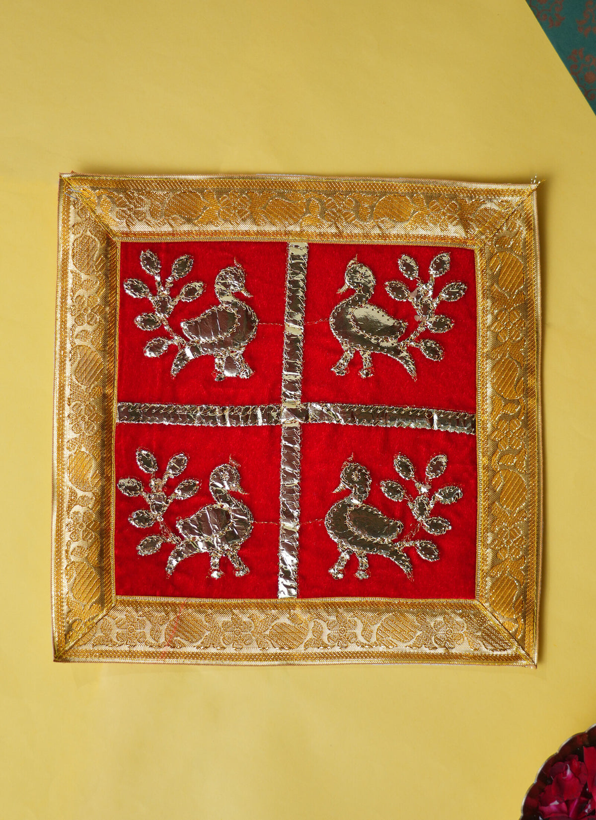 Madhoor Peacock Gota Pooja Aasan Gold-Tone Red 12 x 12 Inches 1 Piece
