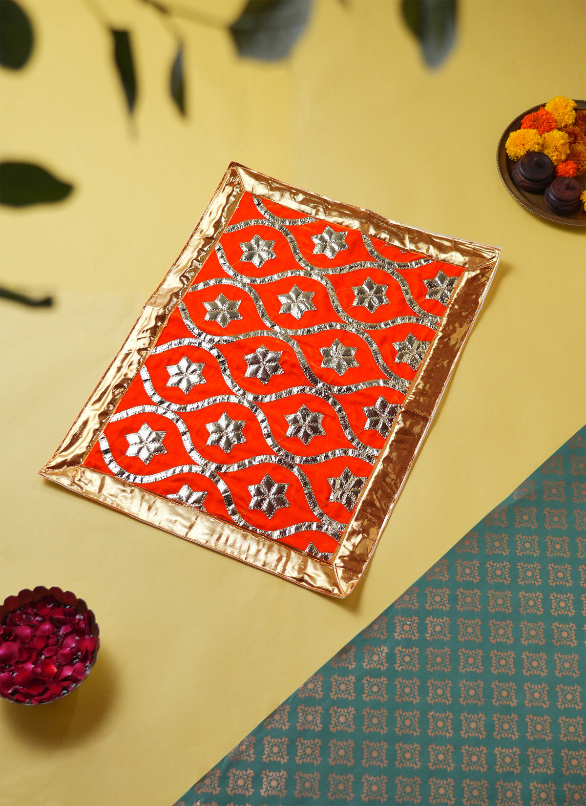 Madhoor Flower Gota Pooja Aasan Gold-Tone Orange 18 x 24 Inches 1 Piece