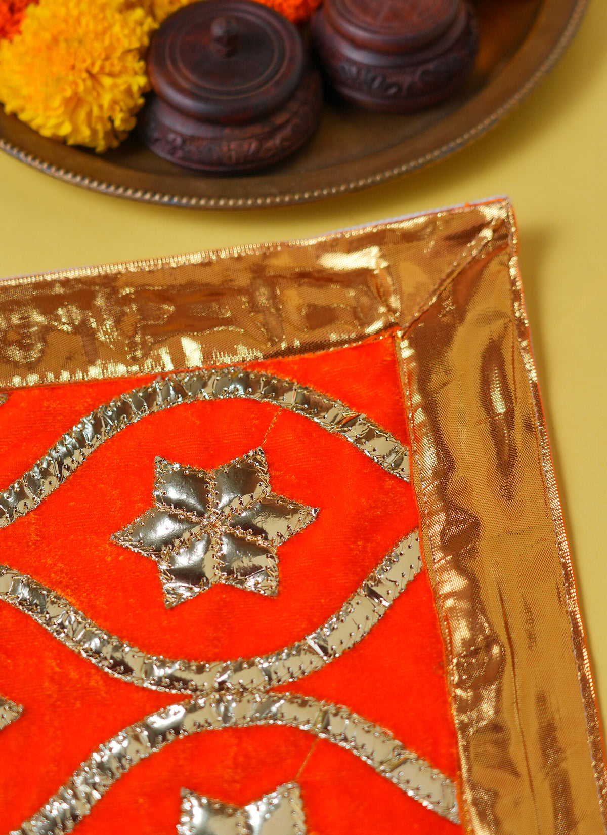Madhoor Flower Gota Pooja Aasan Gold-Tone Orange 18 x 24 Inches 1 Piece
