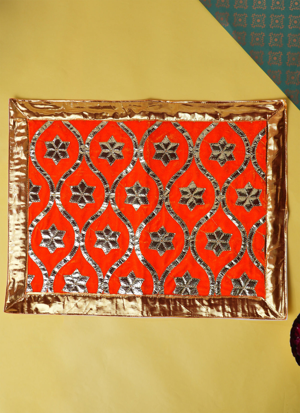 Madhoor Flower Gota Pooja Aasan Gold-Tone Orange 18 x 24 Inches 1 Piece
