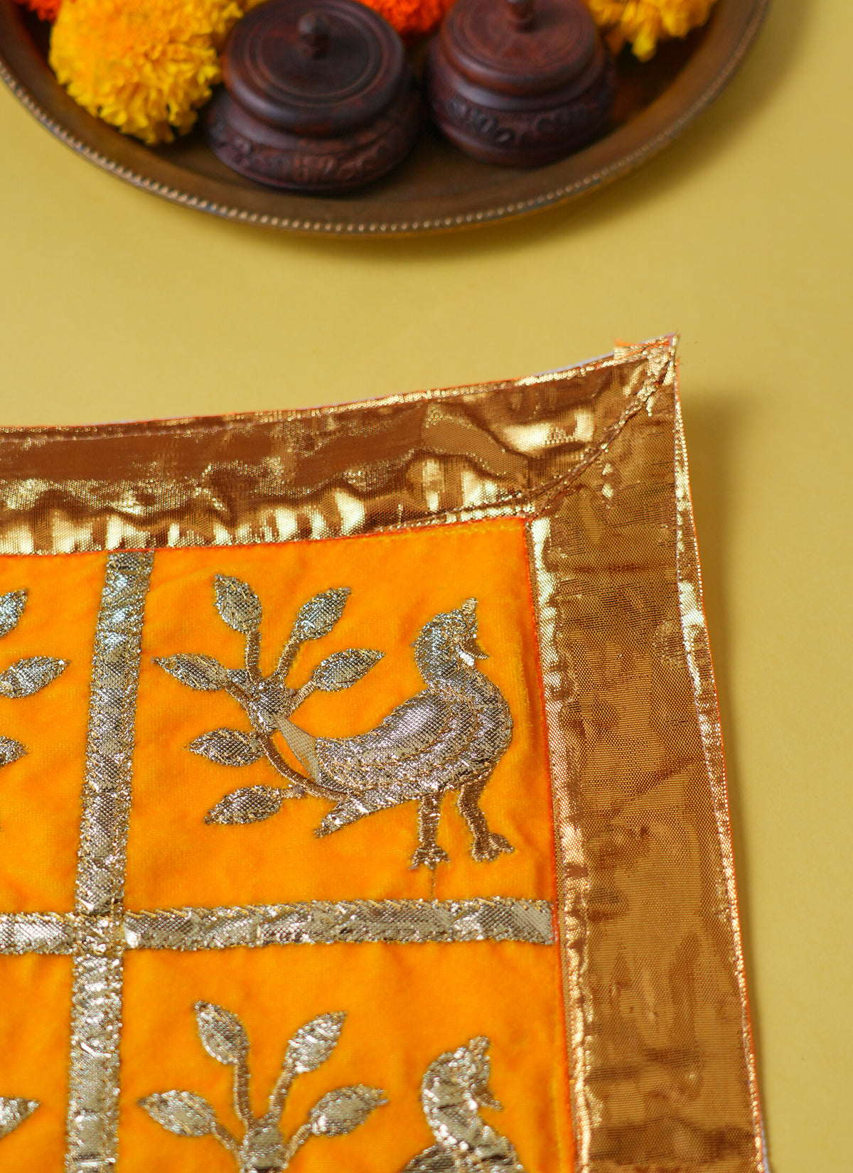 Madhoor Peacock Gota Pooja Aasan Gold-Tone Yellow 18 x 24 Inches 1 Piece