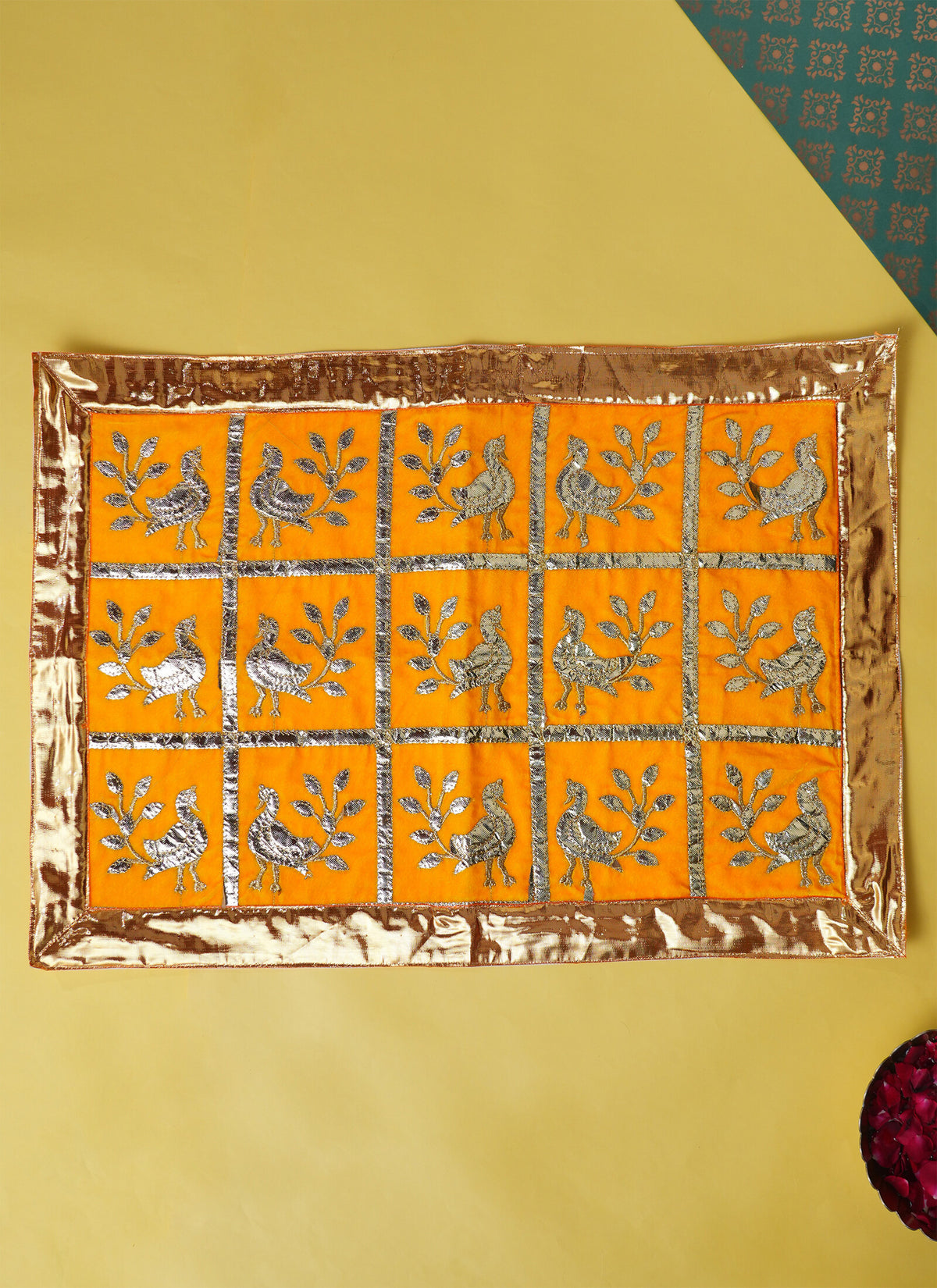 Madhoor Peacock Gota Pooja Aasan Gold-Tone Yellow 18 x 24 Inches 1 Piece