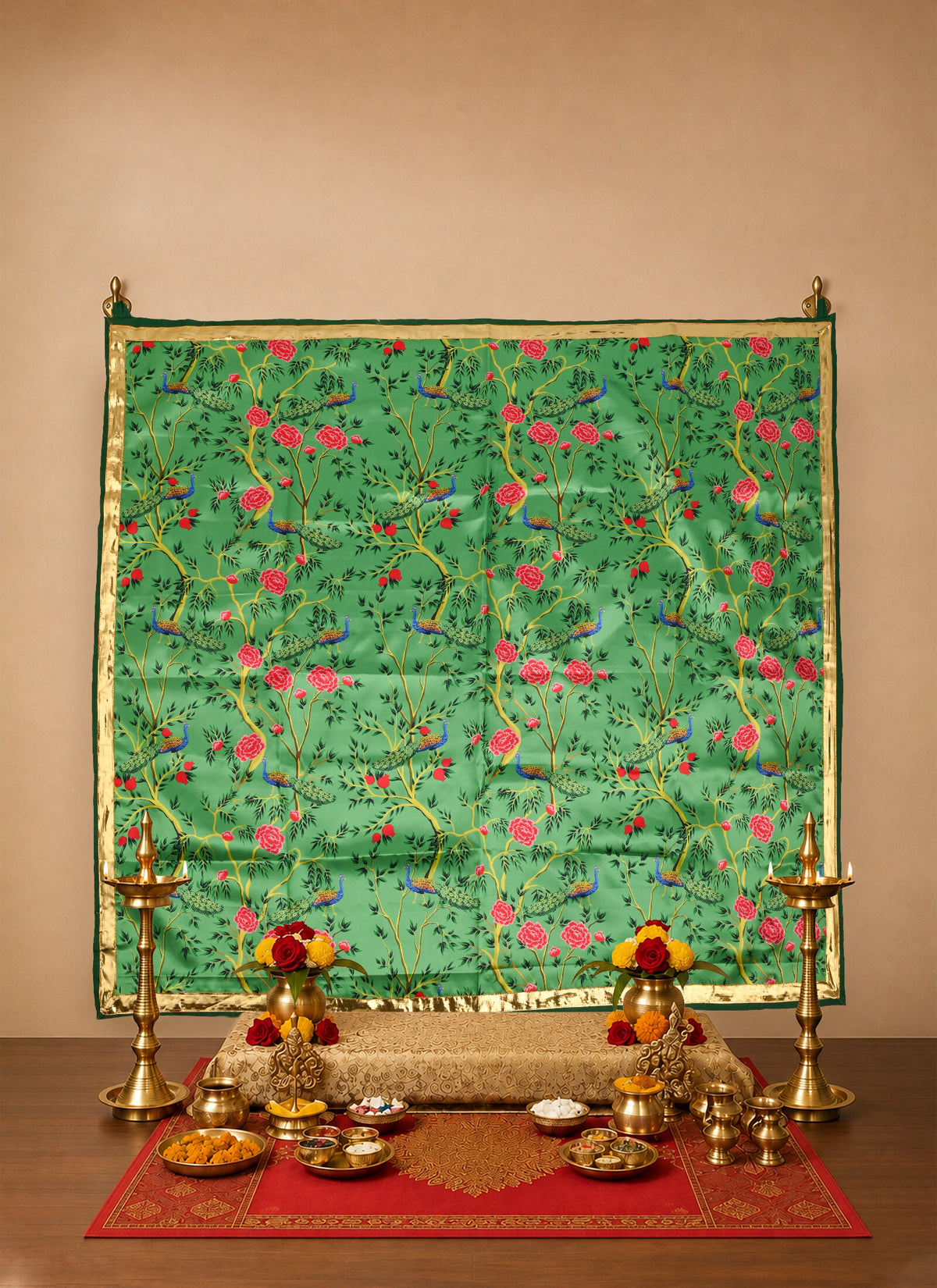 Madhoor Peacock Flower Backdrop Green Pink 40 x 40 Inches 1 Piece