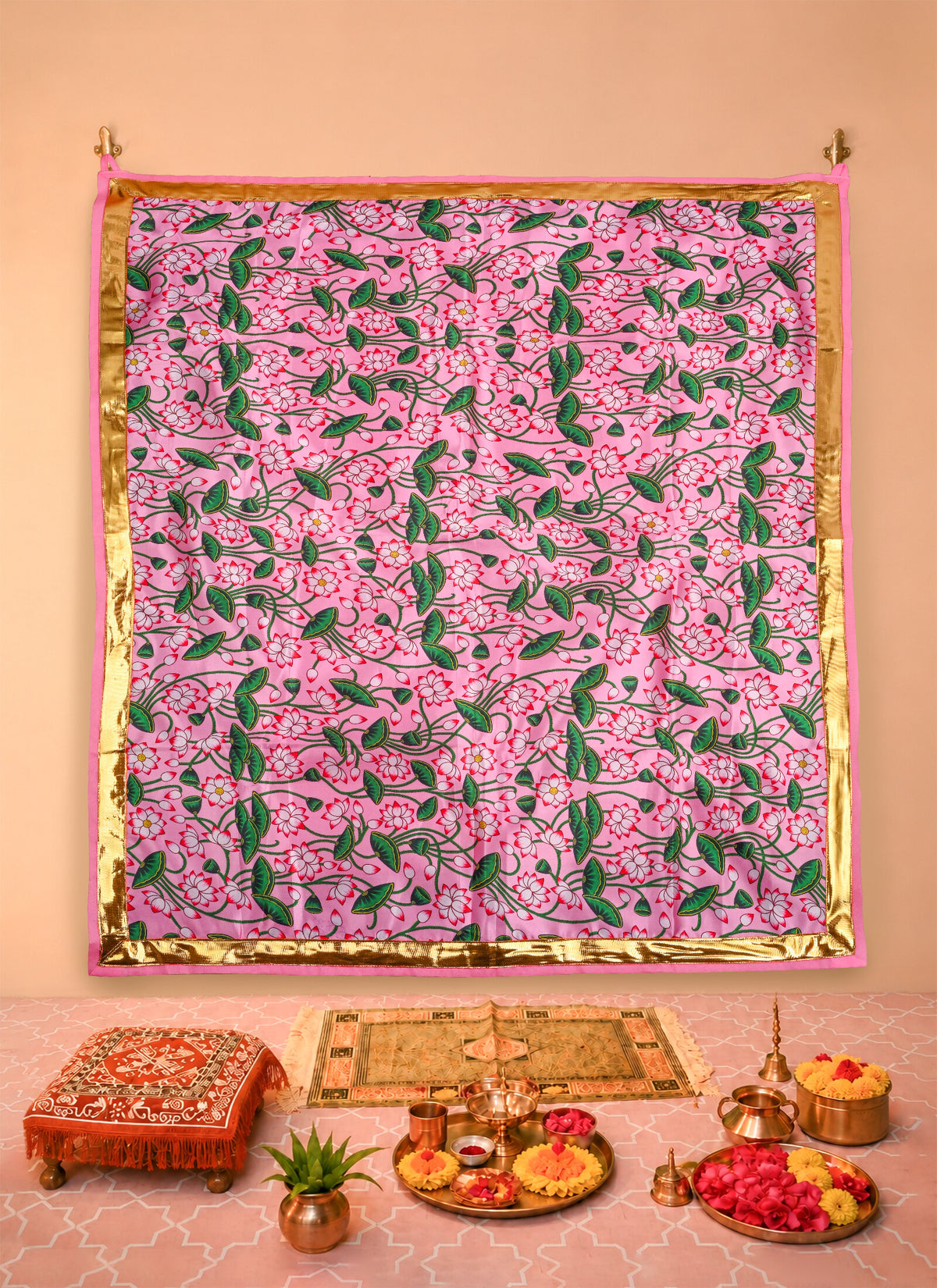 Madhoor Lotus Flower Backdrop Pink Green White 40 x 40 Inches 1 Piece