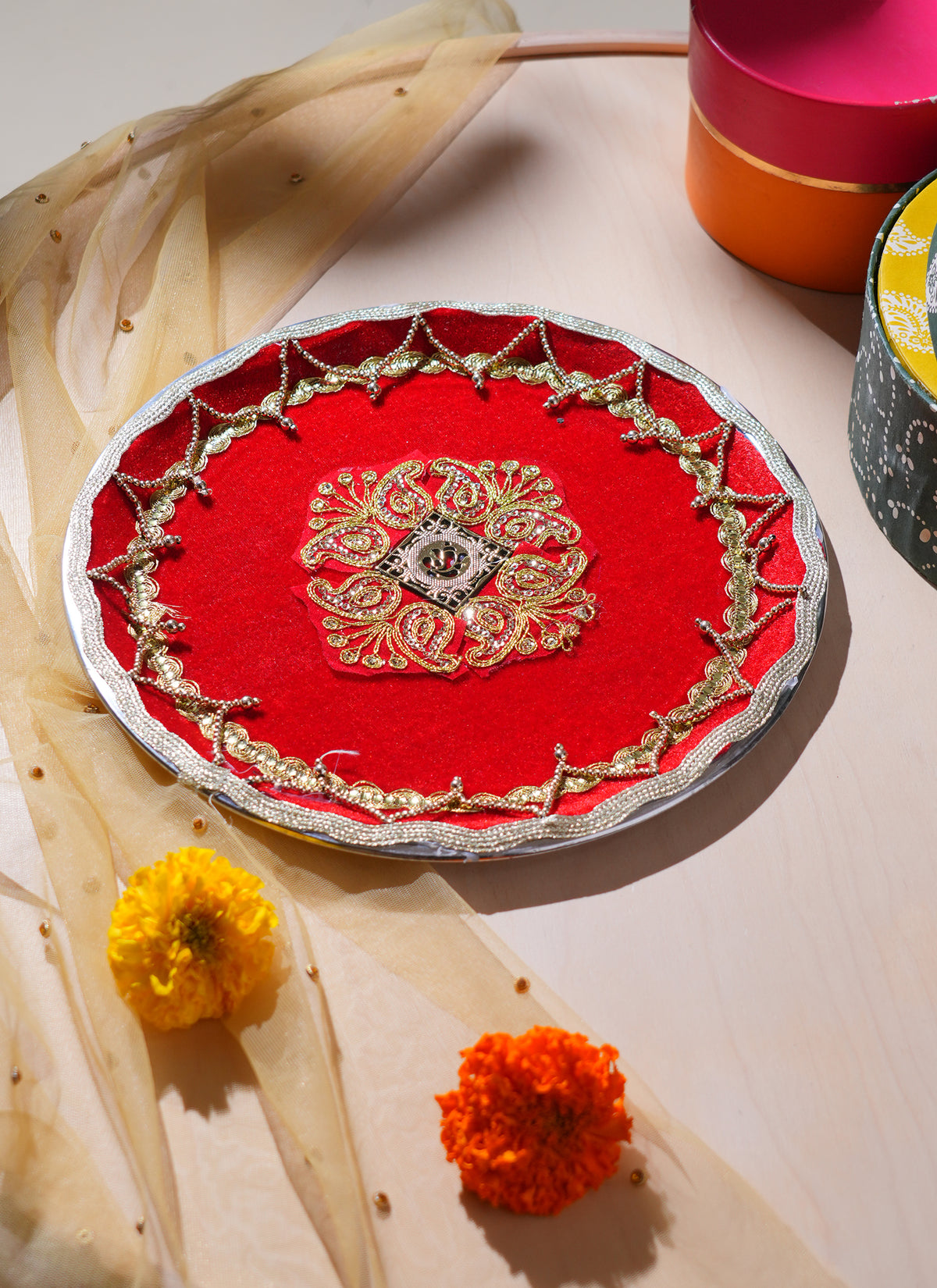 Red zari pooja thali