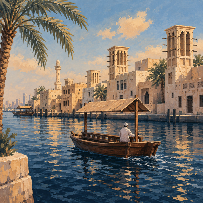 Illustration of an abra and wind-tower architecture by Dubai Creek
