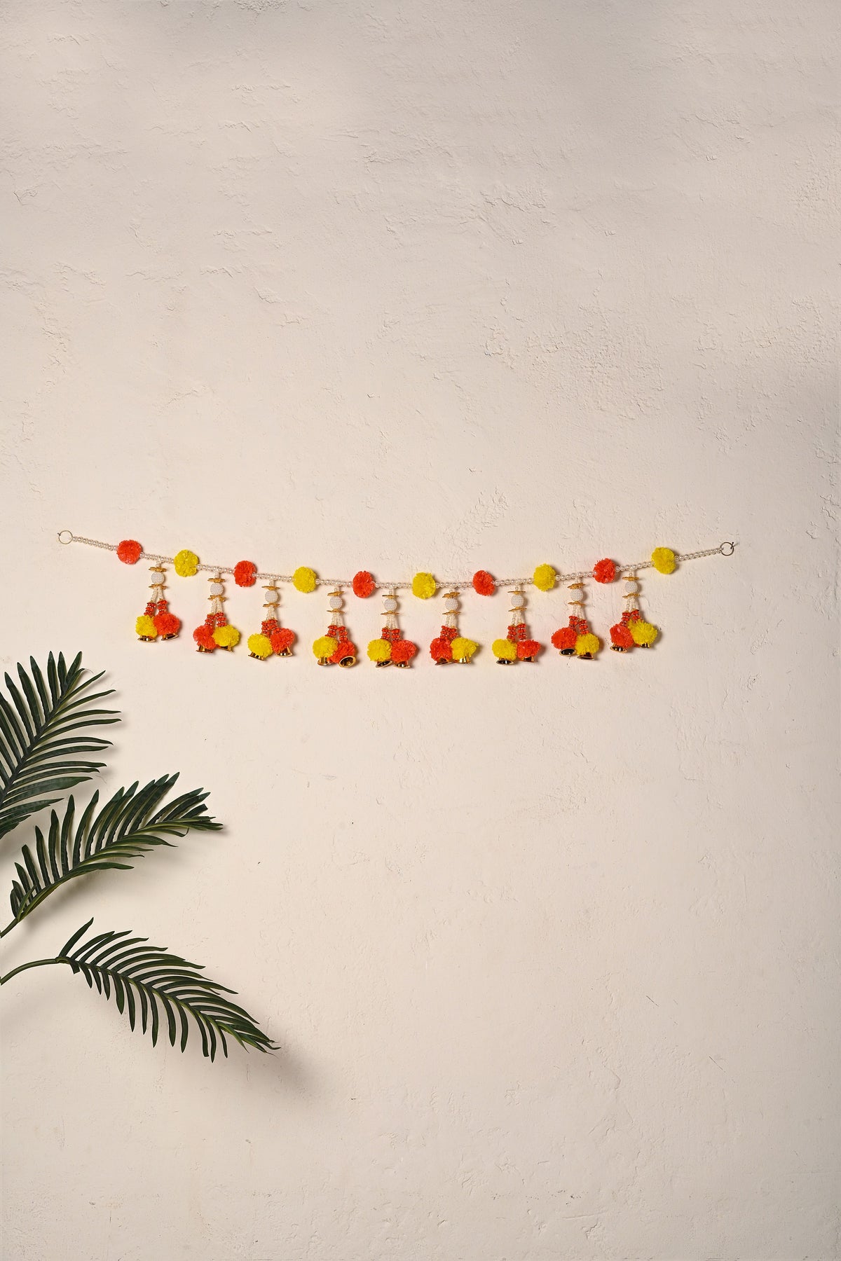 Madhoor Pearl Flower Pompom Toran Yellow Orange 3 Feet