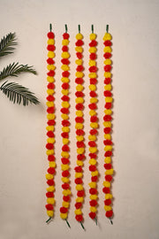 Madhoor Flower Pompom Marigold Latkan Red Yellow 4.5 Feet Set of 5