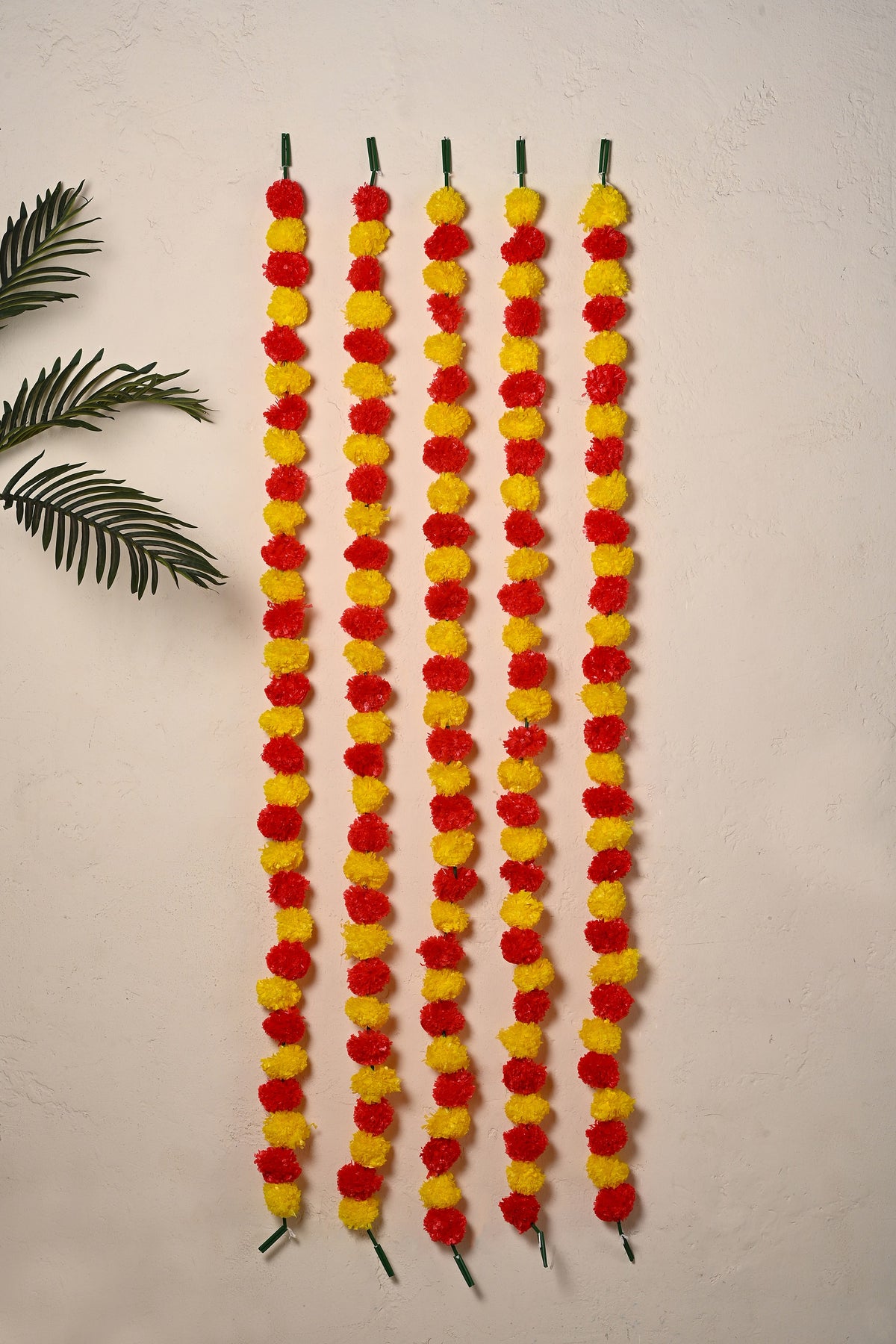Madhoor Flower Pompom Marigold Latkan Red Yellow 4.5 Feet Set of 5